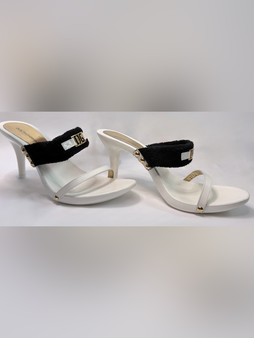 Dolce & Gabbana Vintage Y2K Black White Gold Sandal Stiletto Mule Heels 8 EU 39